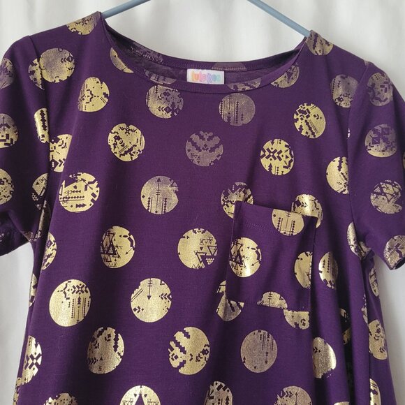 LuLaRoe Dress XS Purple w/Gold Medallions stretchy Simply Comfortable Hi-Low hem - Picture 6 of 11